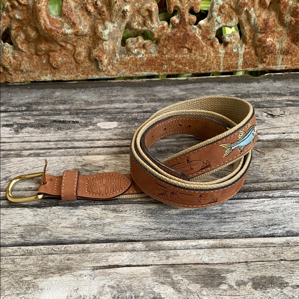 Zep-Pro Brown Leather Belt with Embroidered Snook Design